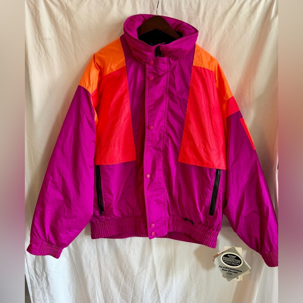 Vintage Solus ski jacket, 80s and 90s style, neon orange and purple. Size L.